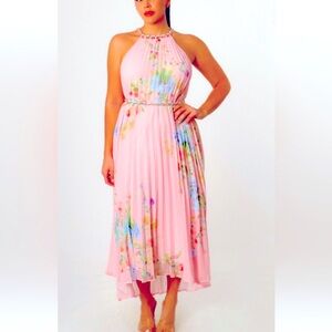 #345 Floral Halter Neck Pink Dress pleated with chain